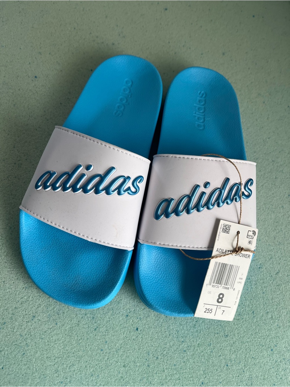 adidas women’s White Strap Aqua Blue Slide Sandals